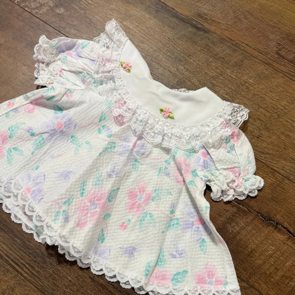 Kidz-Sational Vintage Floral Seersucker Baby Top Lace‎ Trim Pink Purple 1330